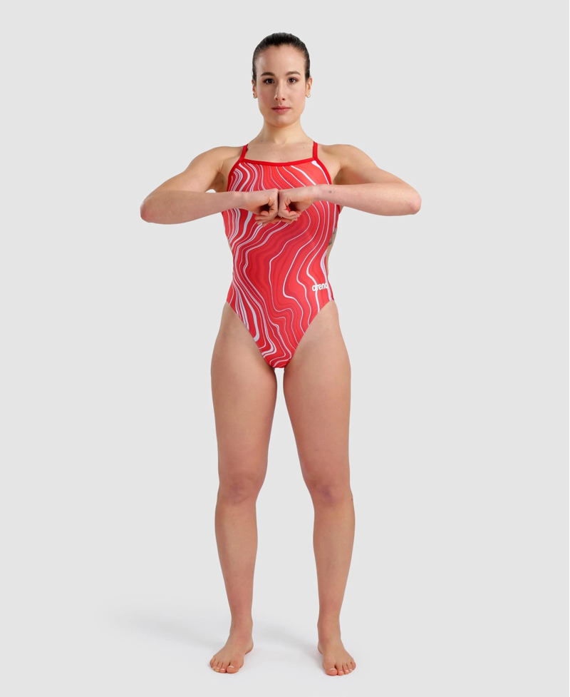 Arena Marbled Challenge Back Womens Swimsuit - Red/Multi Color-1